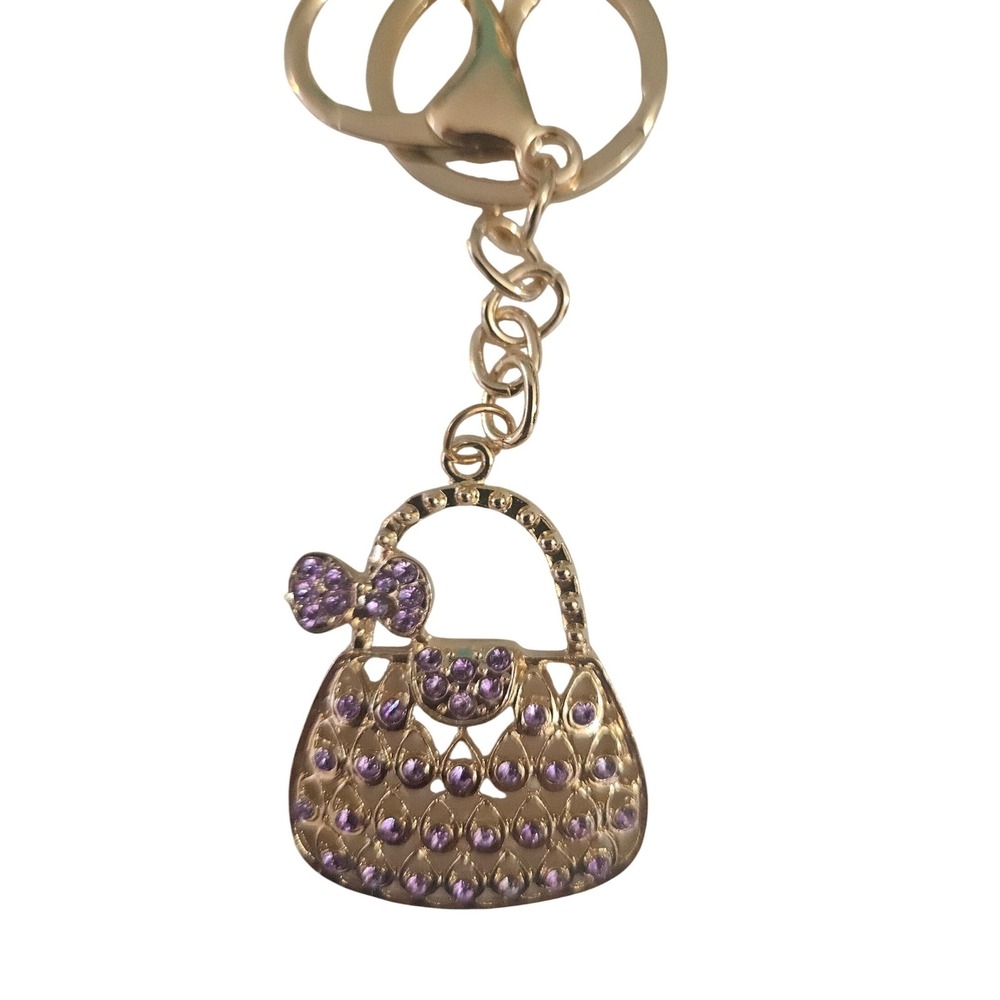 Gold Tone Purse Handbag Charm Keychain Purple Rhinestones Bow Accent Women